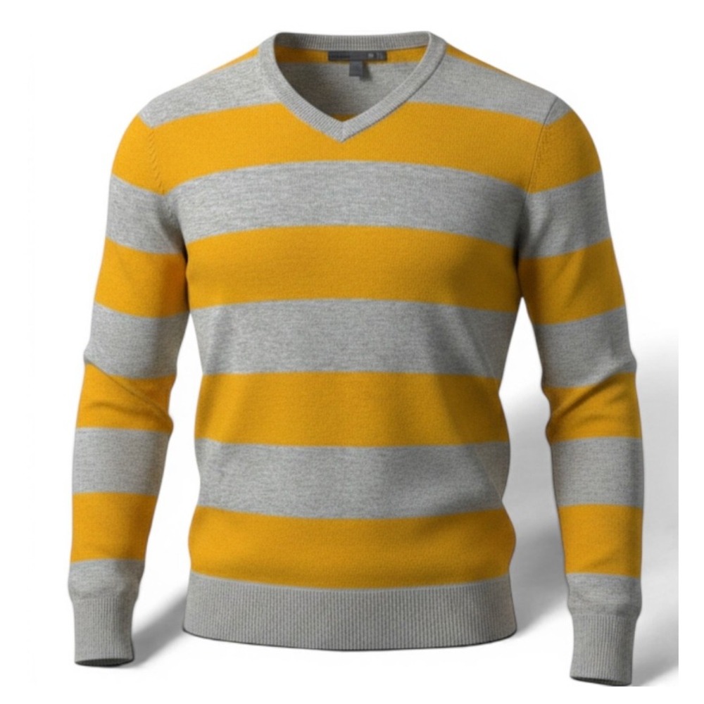 Old Navy Womens Size L Large Yellow Grey Striped V-Neck Long Sleeve Knit Sweater